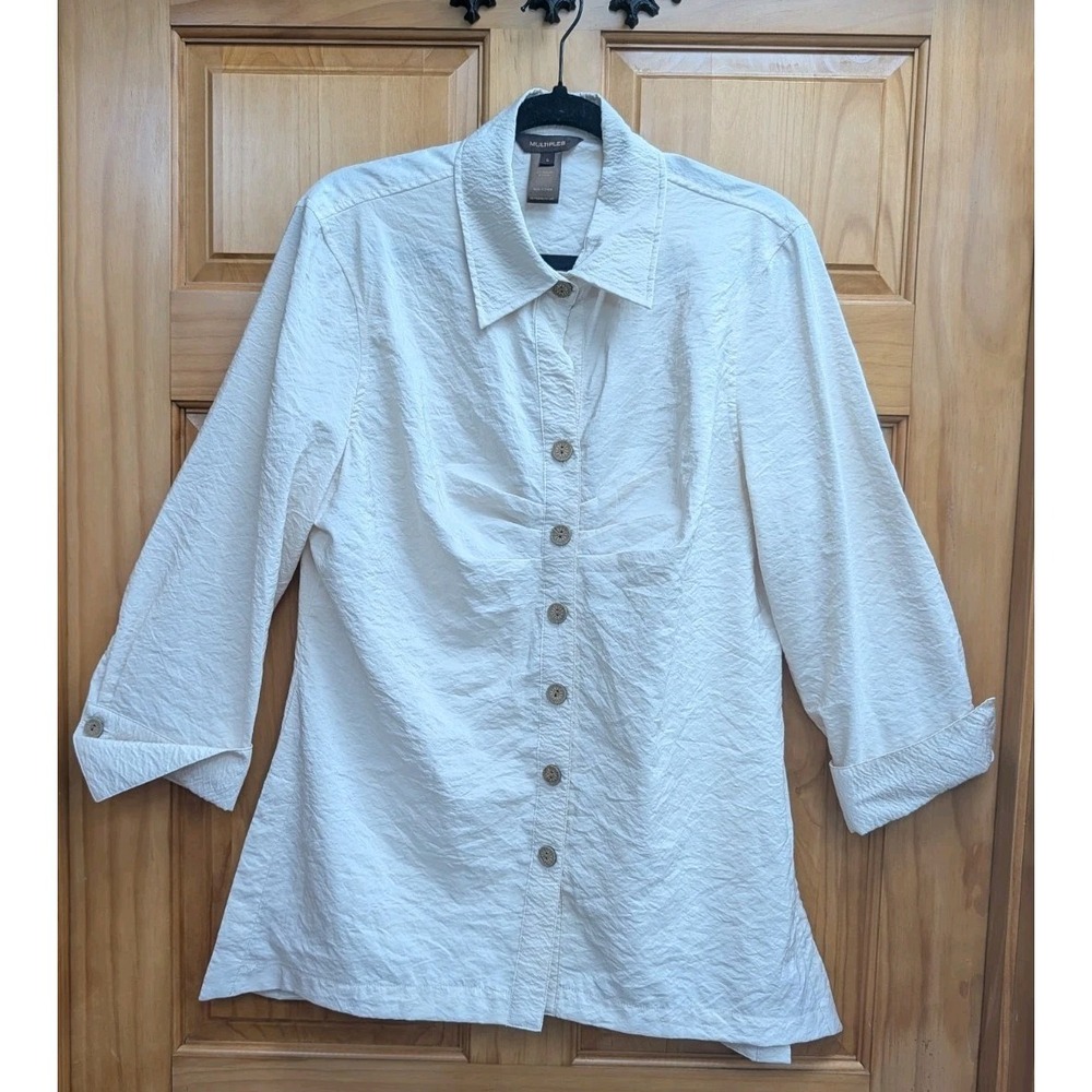 Multiples Women Large Top Button-Down Front 3/4-Fold Up Button Tab Sleeve Shirt